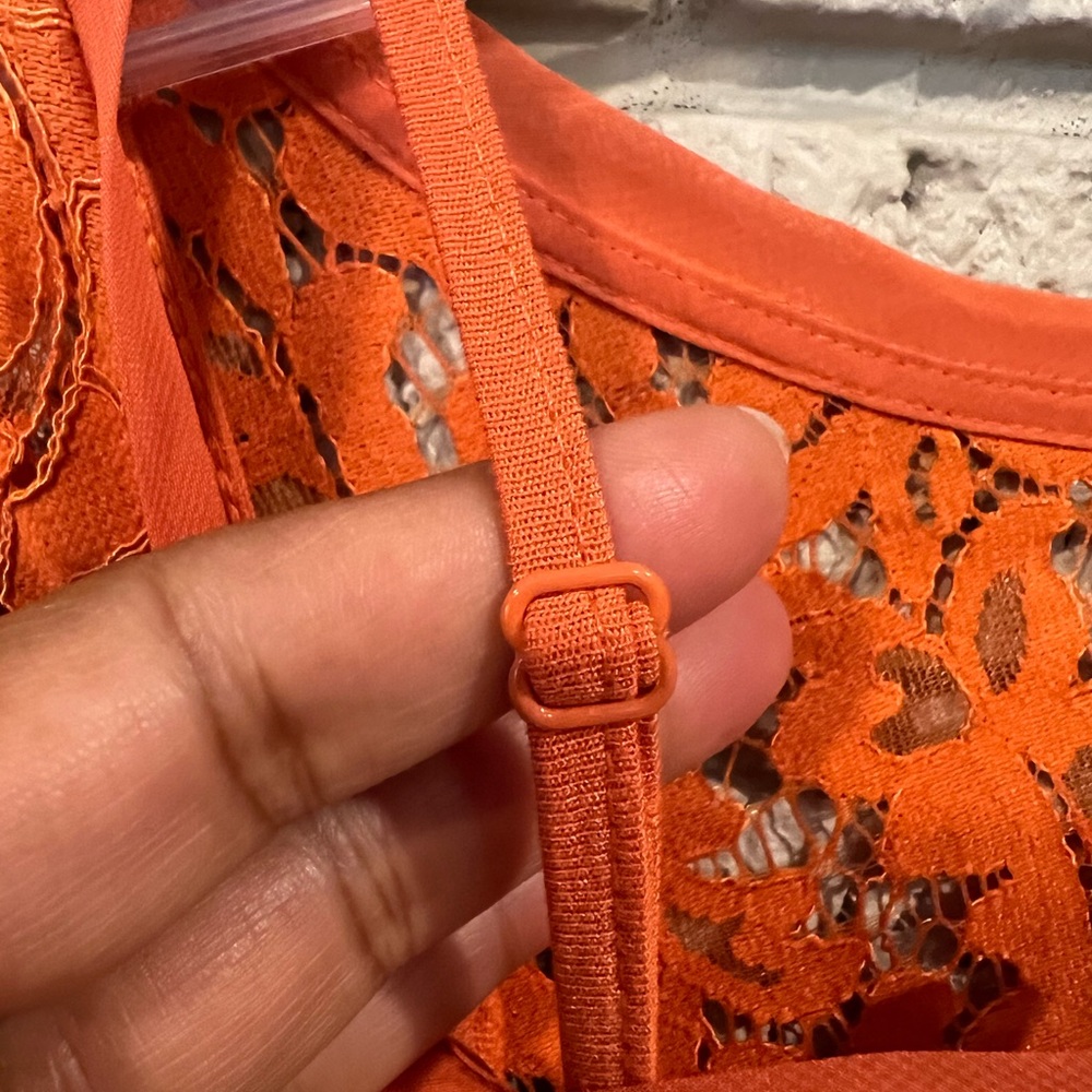 NWT  Chico’s Bright Orange Marmalade Floral Foiled Lace Short Sleeve Blouse XL - Picture 13 of 15
